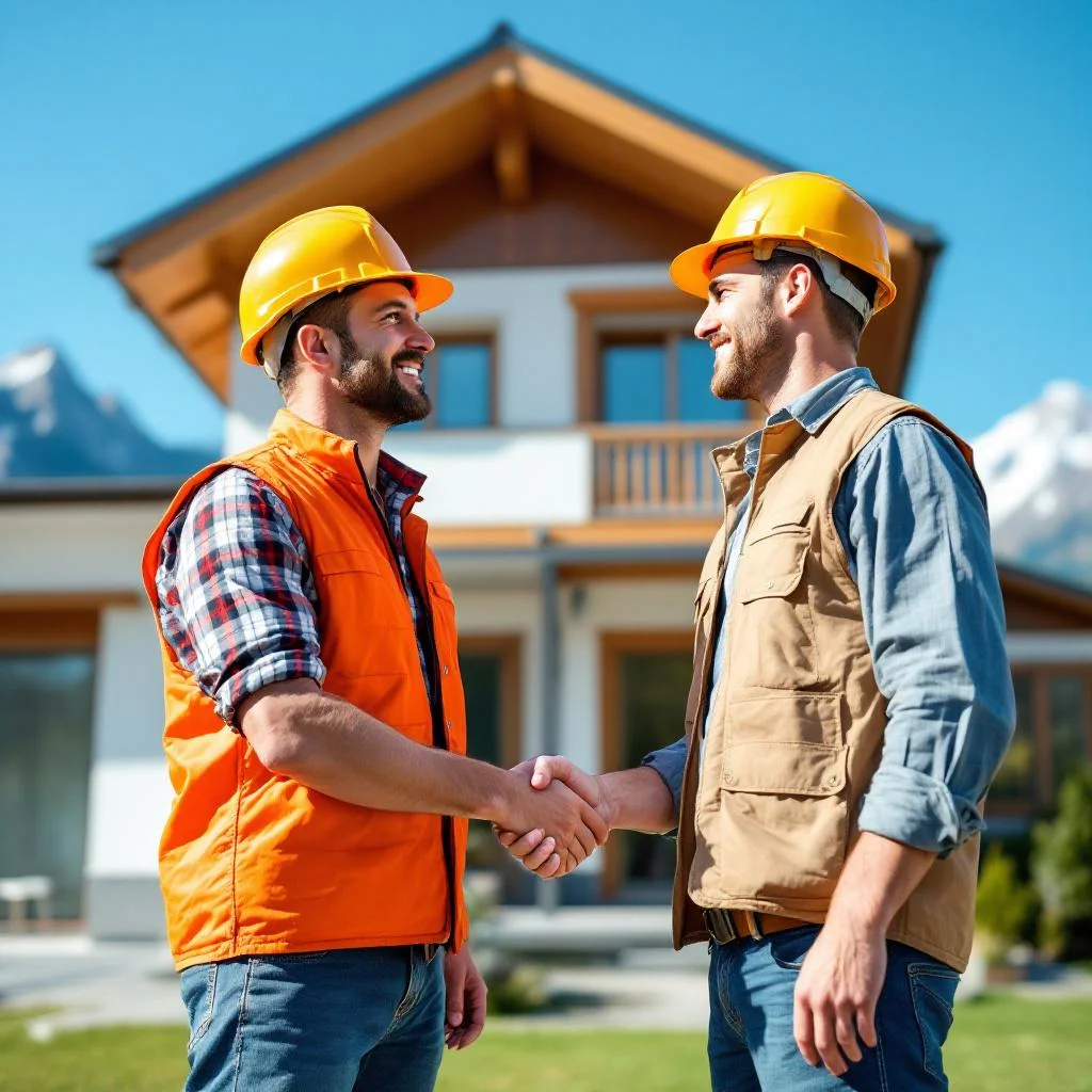 Artisan et propriétaire devant une maison suisse